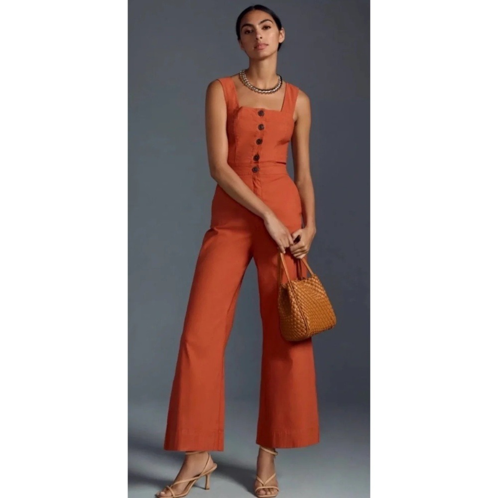 Anthropologie Maeve The Portside Jumpsuit 12 Tall Orange Collette Wide Leg